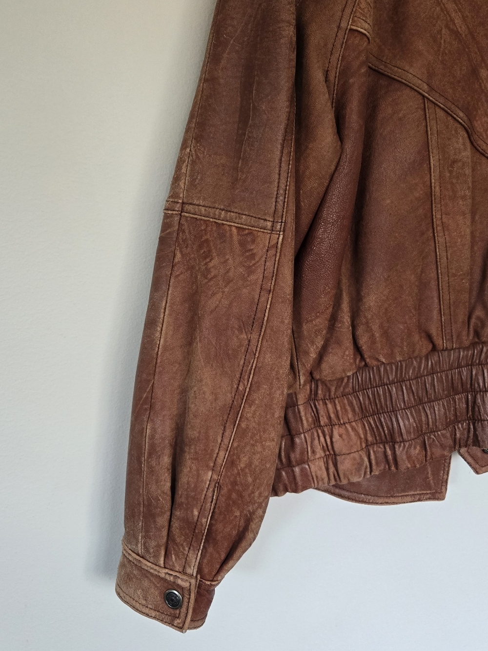 Vintage Style Brown Leather Jacket Distressed Patina Italy Buttons - Picture 10 of 10